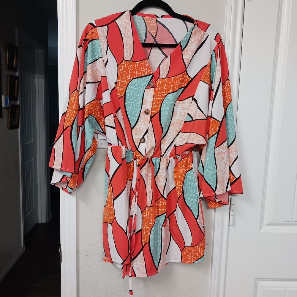 Women's Printed Tie-Waist Tunic Shirt Dress - Coral Multi